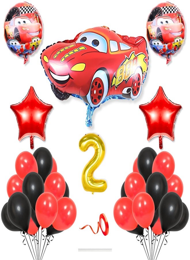 Flyloons 2nd Car Theme Decoration for Birthday Red Black 2 year Baby Boys Girls Kids 5 Pcs Lightning Macqueen Theme 30 Pcs Metallic Balloons Decoration Kit Set Items 2 Pcs Red Star - Image 1